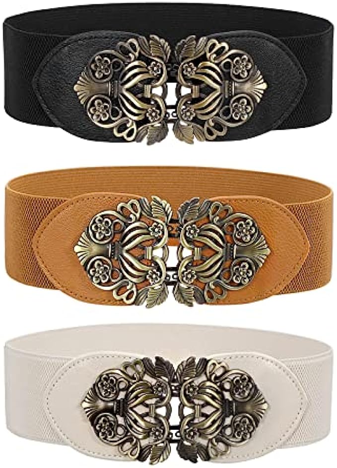 2/3/4 Pack Women Vintage Wide Waist Belt for Dress, Elastic Cinch Belt with Retro Interlocking Buckle
