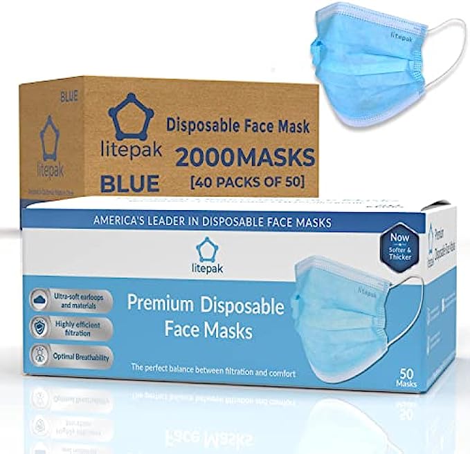 Litepak 2000pcs Premium Disposable Face Mask SOFT 3ply Nose Wire - Blue