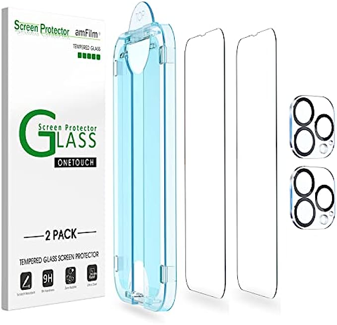 amFilm OneTouch Compatible with iPhone 13 Pro Max (6.7&quot;, 2021) Tempered Glass Screen Protector and Camera Lens Protector, Edge to Edge Full Coverage with Easy Installation Kit (2+2 PACK)
