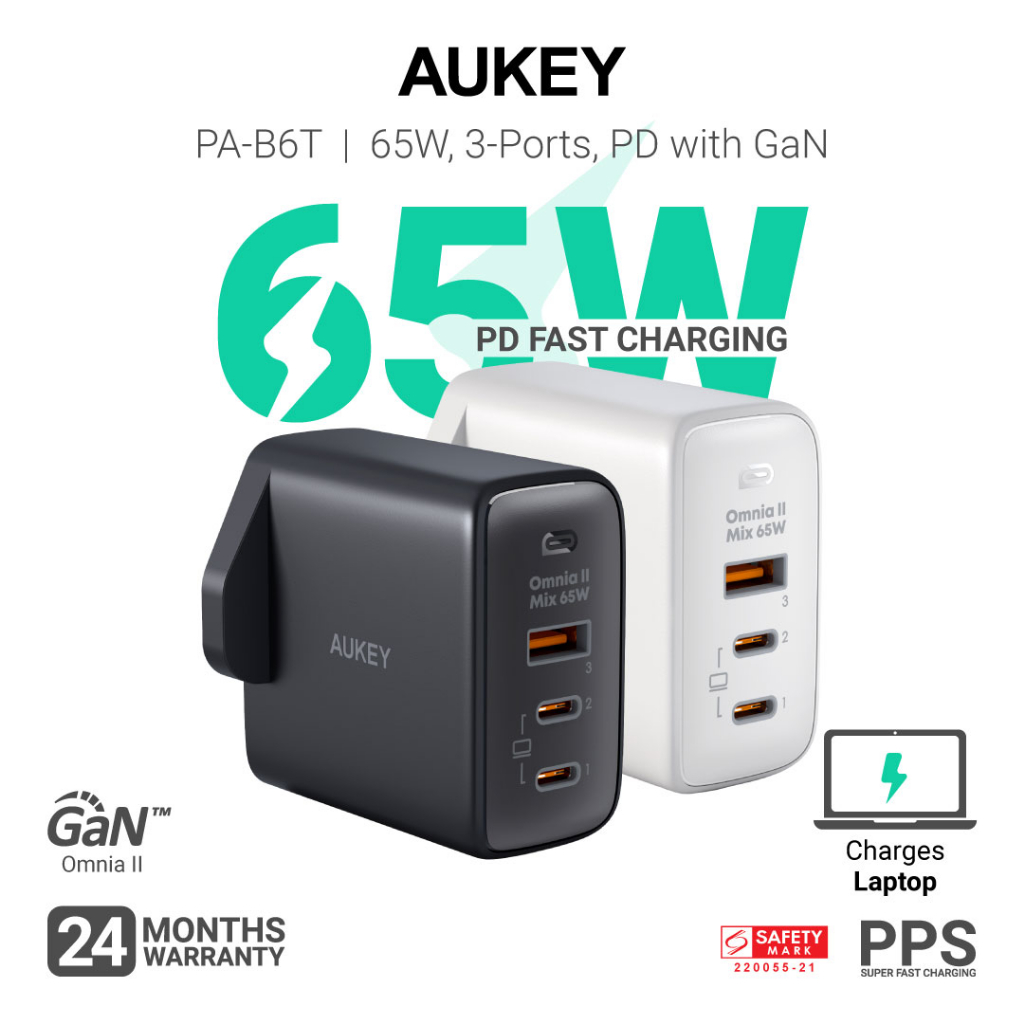 Aukey PA-B6T Omnia II 3-Port 65w PD &amp; Super Fast Charging (PPS) Wall Charger w GaN Power Technology (24 Months Warranty)