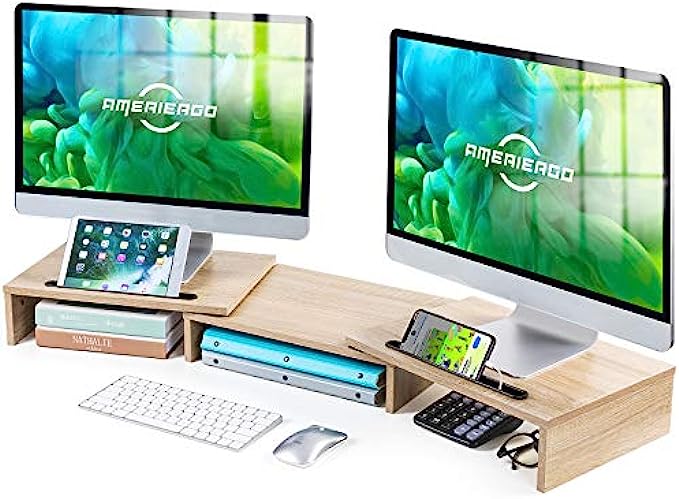 AMERIERGO Dual Monitor Stand -Adjustable Length and Angle Dual Monitor Riser, Computer Monitor Stand w/2 Slot, Desktop Organizer, Monitor Stand Riser for PC, Computer, Laptop (Wood)