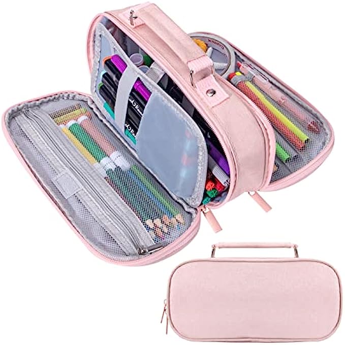 Large Capacity Pencil Case for Kids, Pink Pencil Case Organizer Simple Portable Cosmetic Travel Bag Pen Case with Easy Grip Handle for Office School Supplies Pencil Pouch for Teens Student, Pink