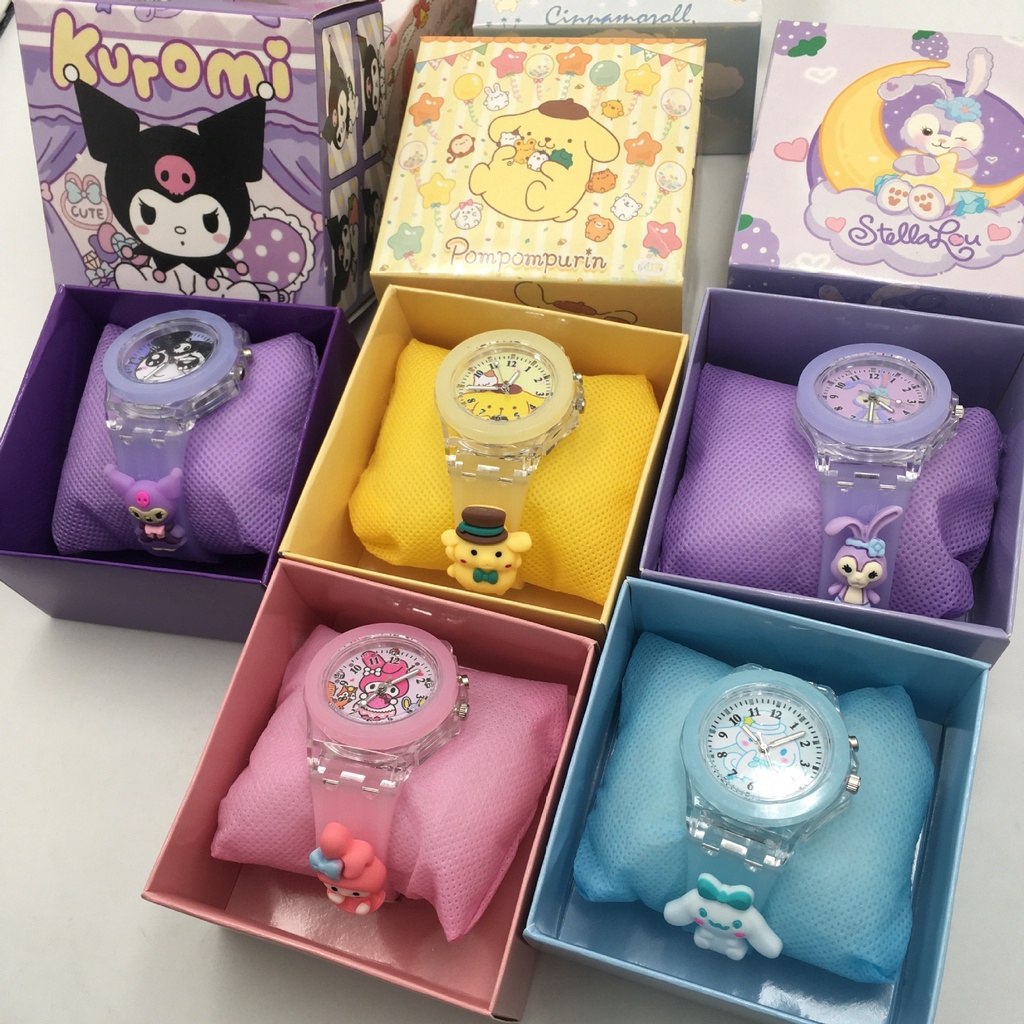 Sanrio Melody Kuromi Cinnamoroll Pom Pom Purin Stella Lou Cartoon Children's Watch With 7Colorful Flashlight Nightlight